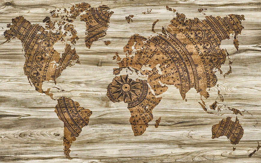 Vintage World Map on Weathered Wood Texture Background