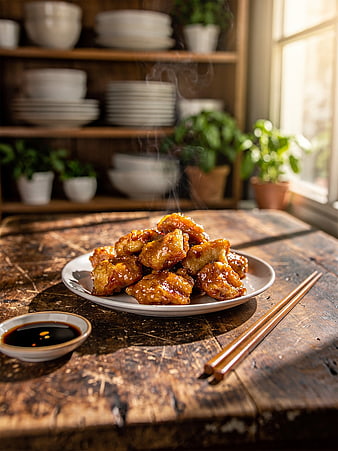 Steaming Sweet and Sour Chicken on Rustic Wooden Table