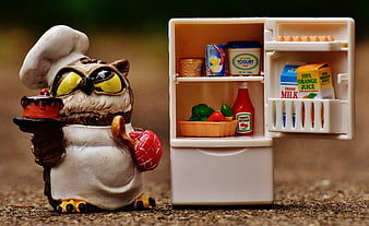 Cute Ceramic Owl Chef Figurine Holding Cake Next To Miniature Refrigerator