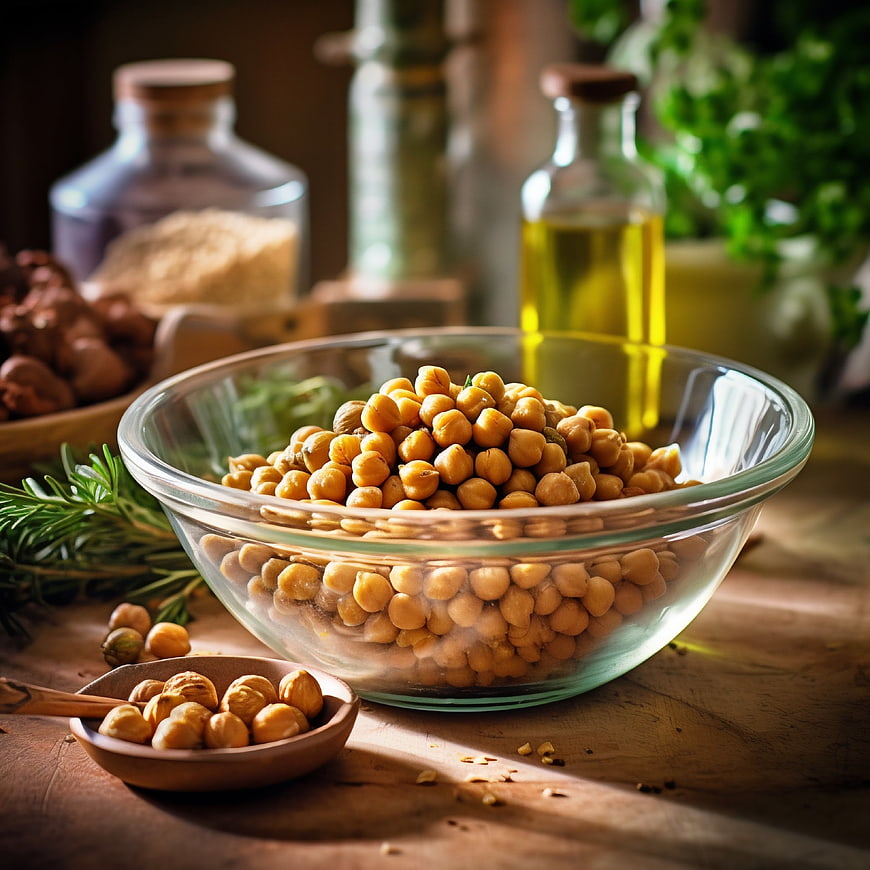 Bowl of chickpeas with rosemary and olive oil on wooden table