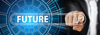 Businessman hand touching futuristic digital interface with word future