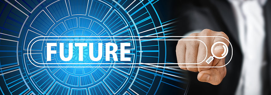 Businessman hand touching futuristic digital interface with word future