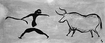 Prehistoric cave painting style drawing of hunter and bull