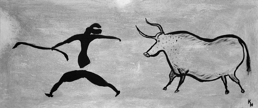 Prehistoric cave painting style drawing of hunter and bull