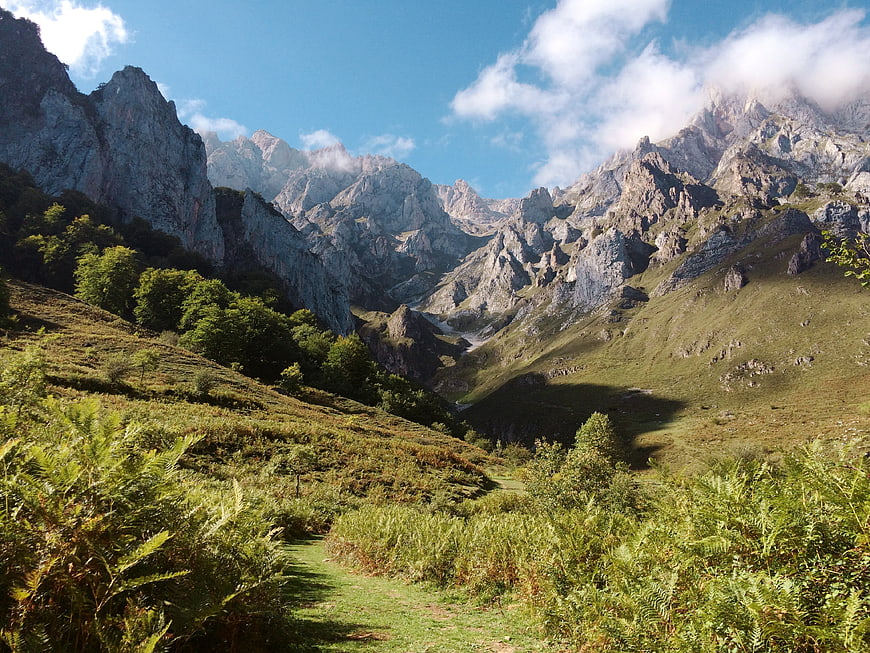 Alpine Mountain Valley Landscape With Rocky Peaks And Green Meadow