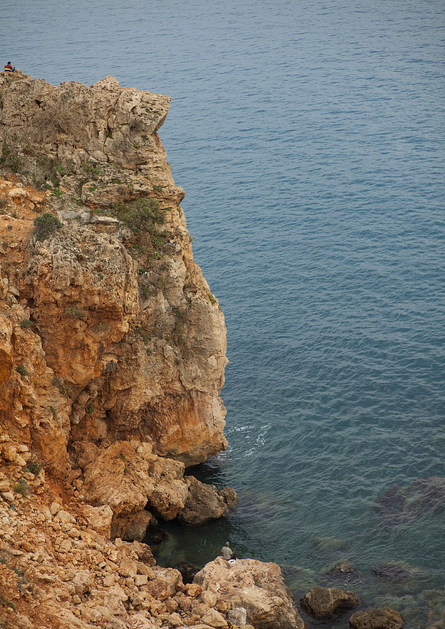 High Angle View of Rocky Coastal Cliff and Blue Sea