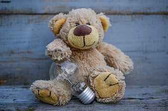 Cute teddy bear holding light bulb on blue wood