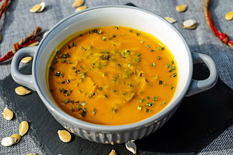 Creamy Pumpkin Soup with Chives and Pumpkin Seeds