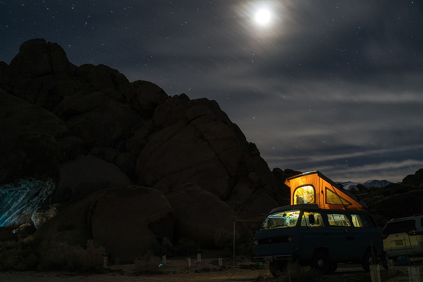 Vintage Van Camping Under Moonlit Starry Sky