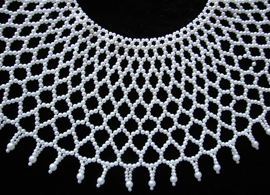 White Pearl Beaded Collar Necklace on Black Background