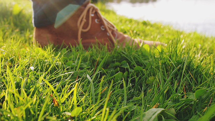 Close-up of brown hiking boot on green grass near water