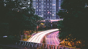 Long Exposure Urban Highway at Dusk with Light Trails