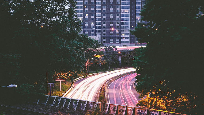 Long Exposure Urban Highway at Dusk with Light Trails