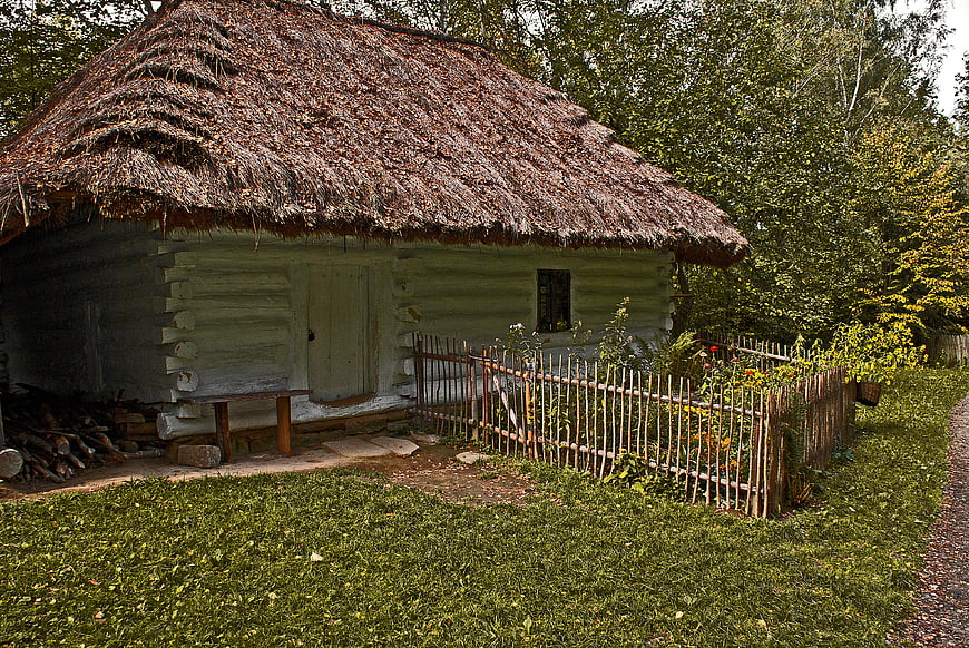 Rustic Thatched Roof Wooden Cottage In Countryside
