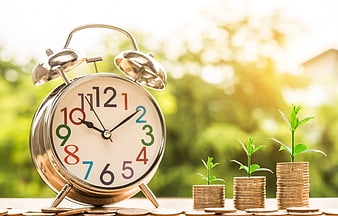Alarm clock and growing coin stacks with plants