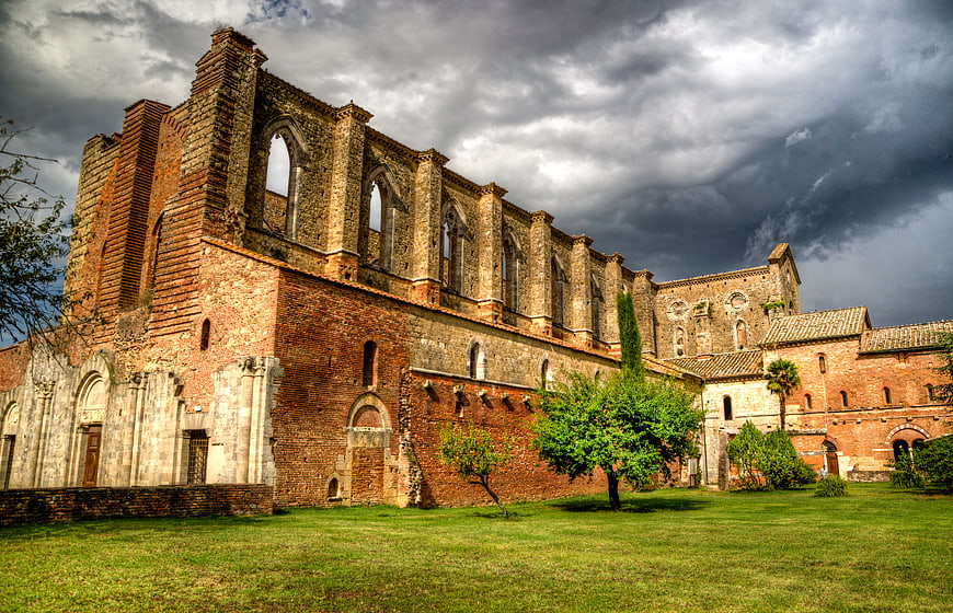 Dramatic ruins of San Galgano Abbey in Tuscany, Italy