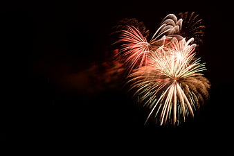 Golden and red fireworks exploding in a dark night sky