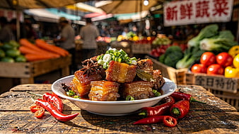 Savory Braised Pork Belly with Chili Peppers in Market