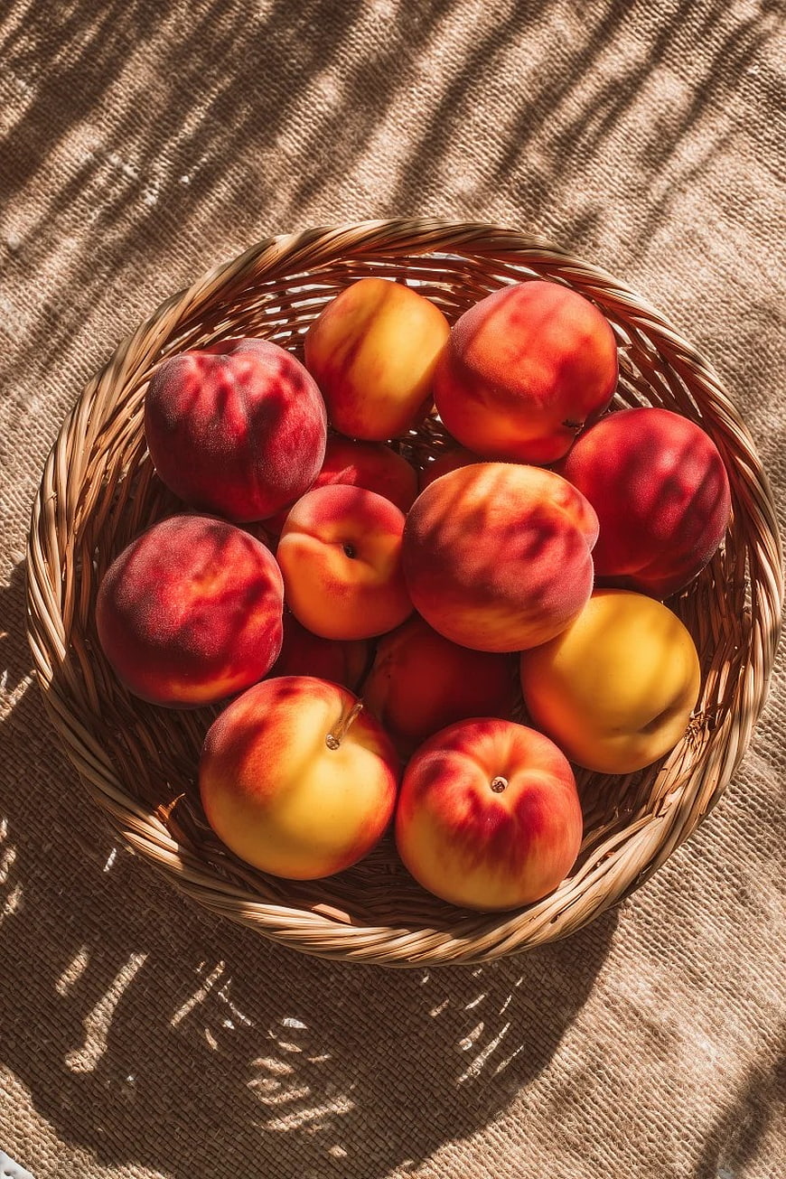 Ripe Peaches and Nectarines in Wicker Basket