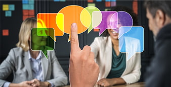 Business Team Meeting With Colorful Communication Icons