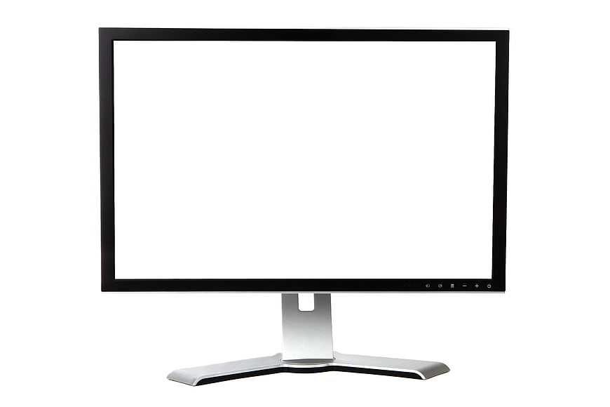 Black Flat Screen Computer Monitor With Silver Stand On White Background
