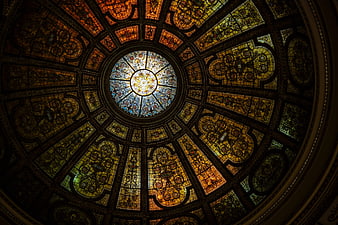 Ornate Stained Glass Dome Ceiling with Intricate Patterns
