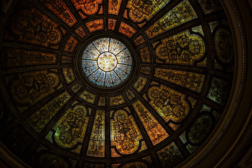 Ornate Stained Glass Dome Ceiling with Intricate Patterns