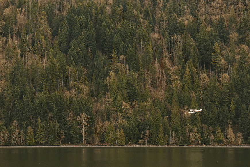 Seaplane Flying Over Forested Mountain and Lake