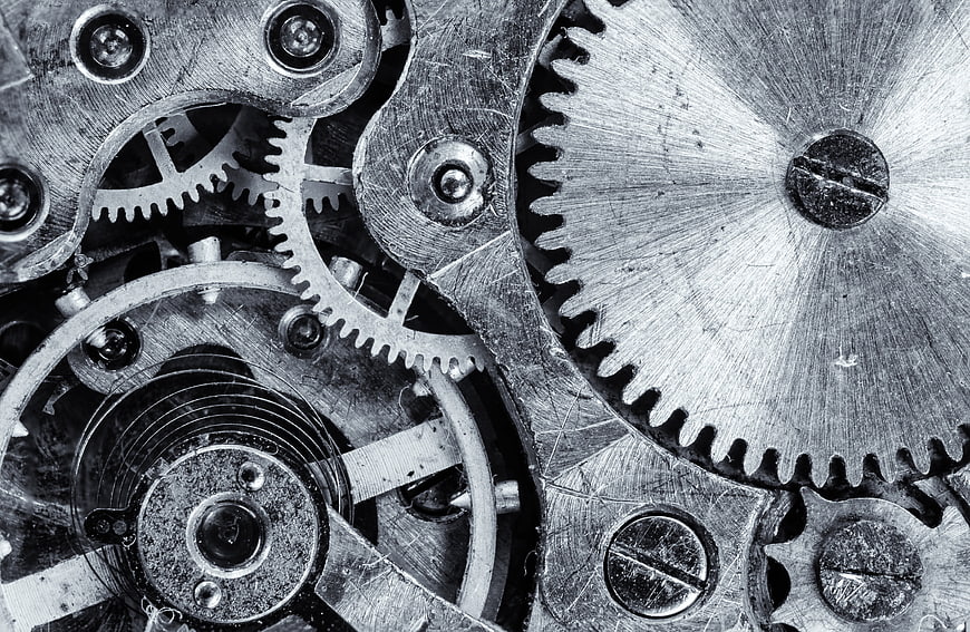 Close-up of vintage mechanical gears and clockwork mechanism