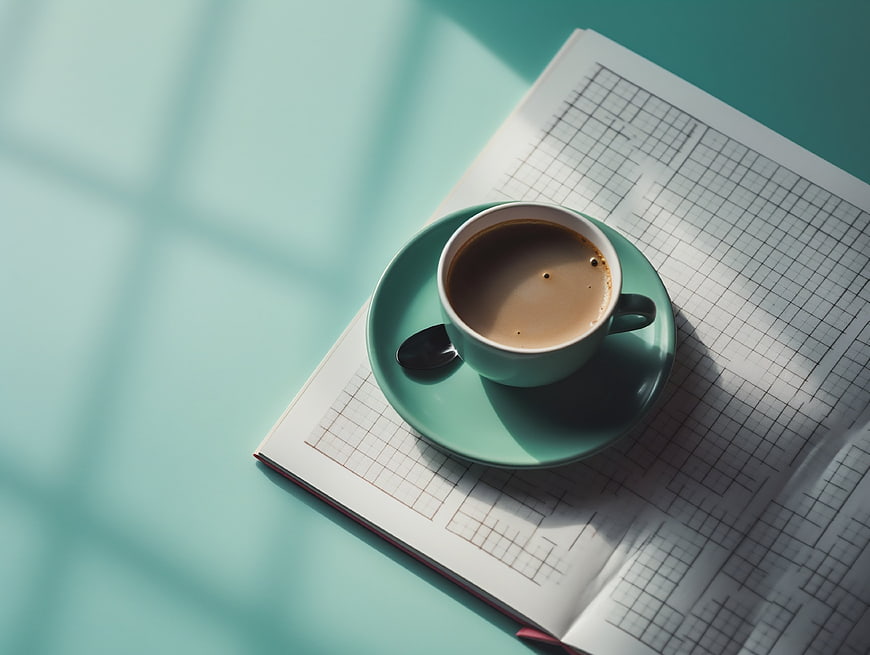 Top View of Coffee Cup on Open Notebook with Grid Paper