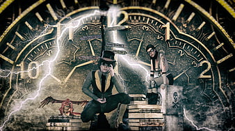 Steampunk couple with dragon and clock background