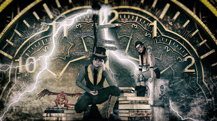 Steampunk couple with dragon and clock background