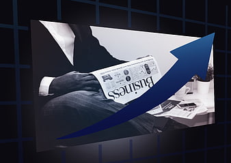 Businessman Reading Financial Newspaper With Blue Growth Arrow Concept