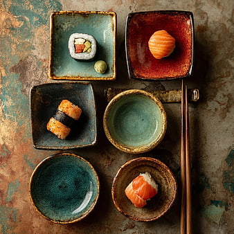 Overhead View of Assorted Sushi on Rustic Ceramic Plates
