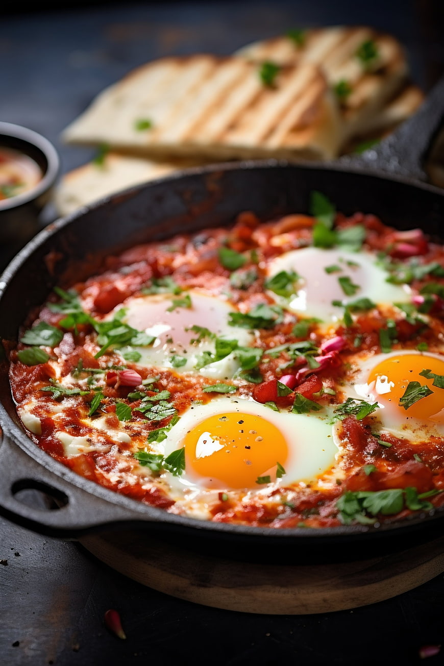 Shakshuka with poached eggs in cast iron skillet