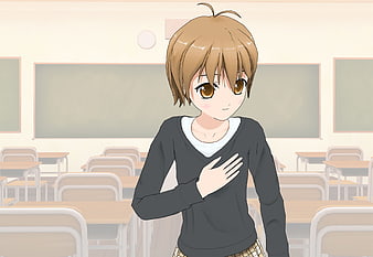 Anime girl with short brown hair standing in a classroom