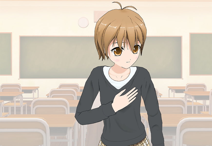 Anime girl with short brown hair standing in a classroom