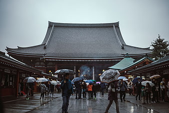 Crowd with umbrellas at Japanese temple in rain