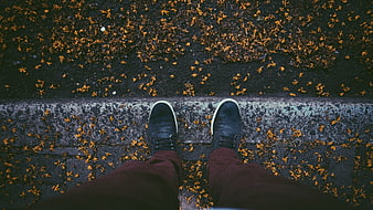 First-person view of feet on autumn sidewalk with fallen leaves