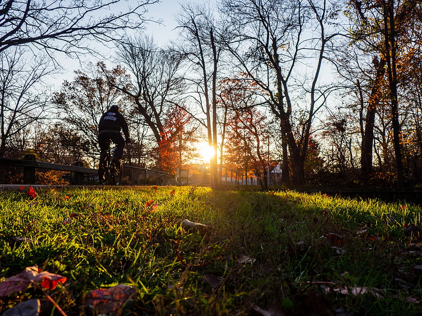 Cyclist Riding on Path During Golden Hour Autumn Sunset