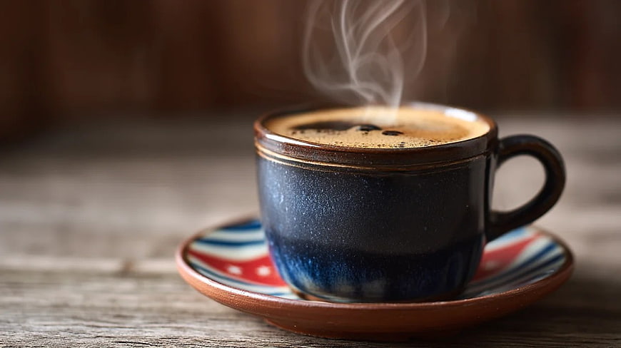 Steaming Hot Coffee in Rustic Ceramic Cup on Wooden Table