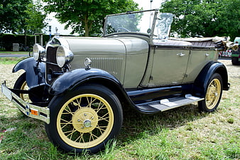 Vintage beige and black convertible classic car on grass