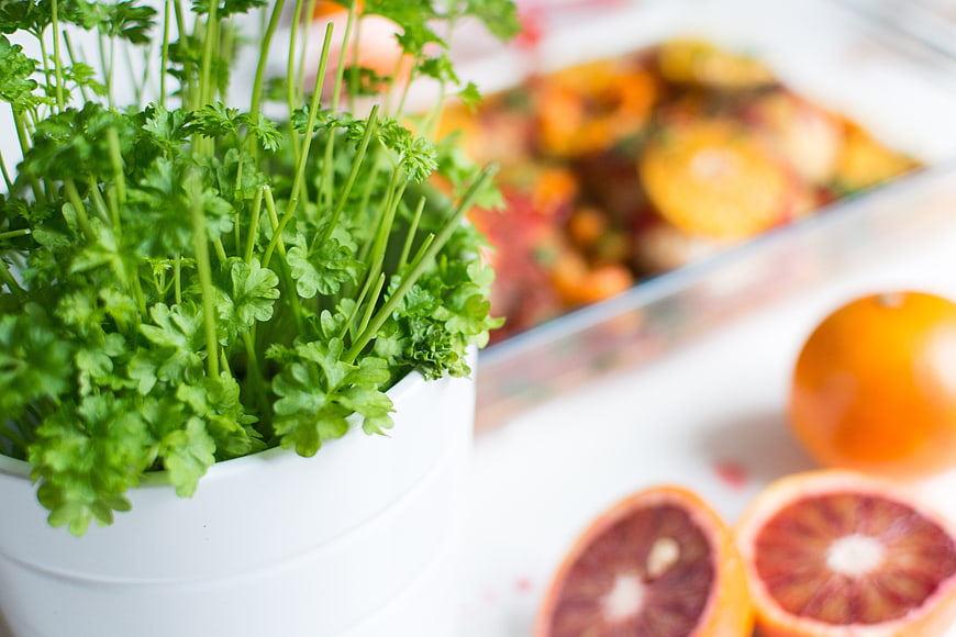 Fresh parsley and blood oranges on white table