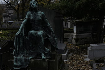 Moody Bronze Statue of Woman in Parisian Cemetery