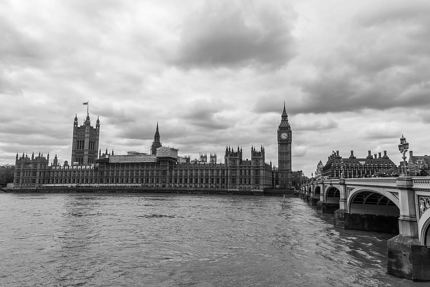 Black and white view of Palace of Westminster and Big Ben
