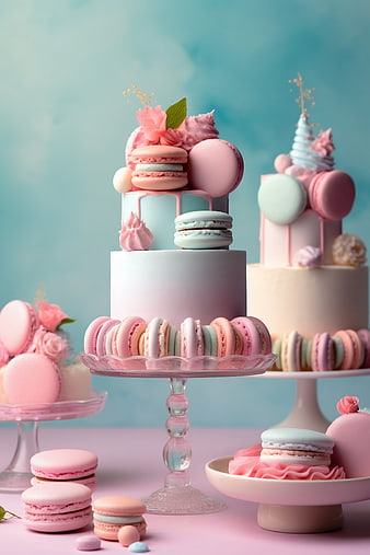 Pastel Macarons and Cake Display on Pink Table
