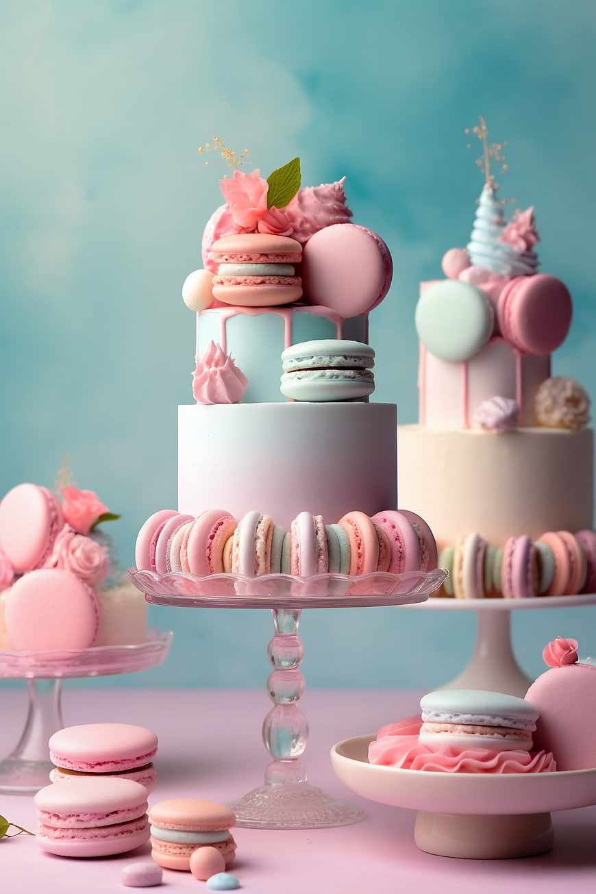 Pastel Macarons and Cake Display on Pink Table