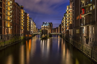 Night view of Speicherstadt canal in Hamburg, Germany