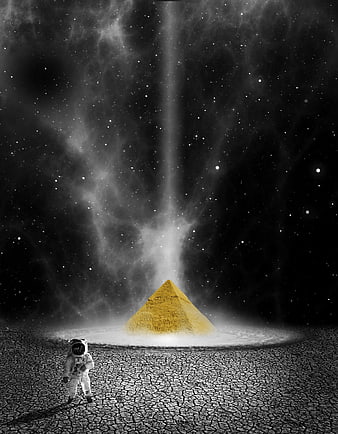 Astronaut standing before glowing pyramid in space