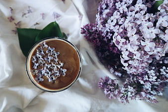 Overhead view of iced coffee with lilac flowers on white linen